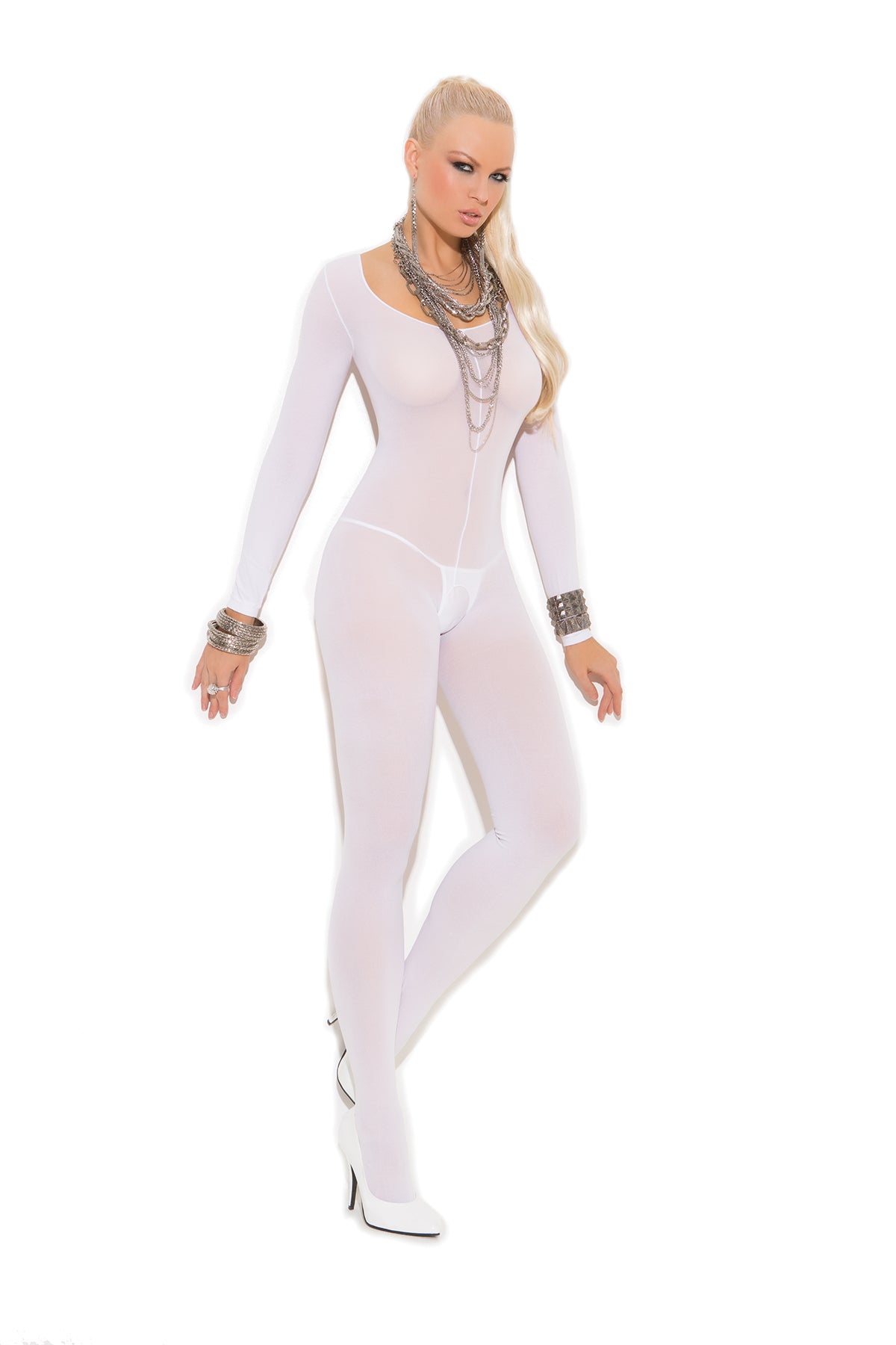 Elegant Moments Opaque Long Sleeve Bodystocking With Open Crotch