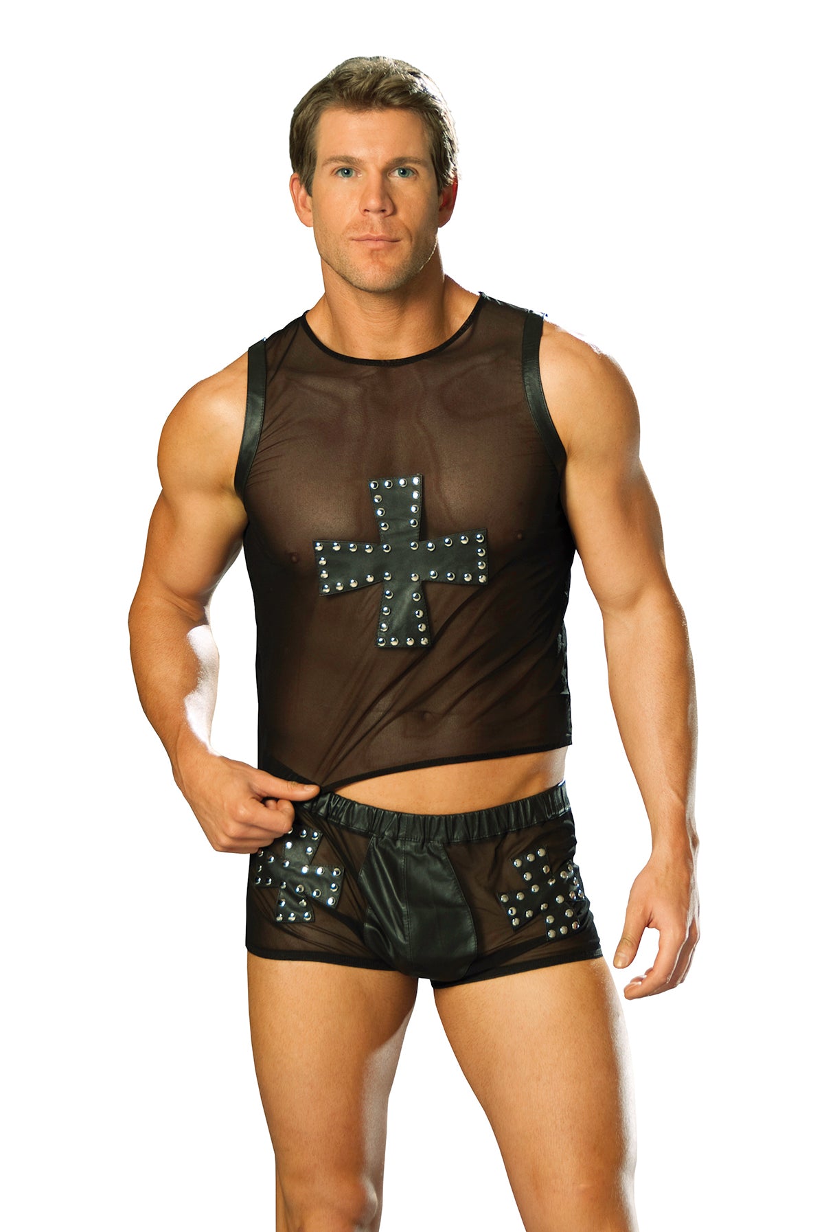 Elegant Moments Leather And Mesh Shorts With Cross And Nail Head Detail